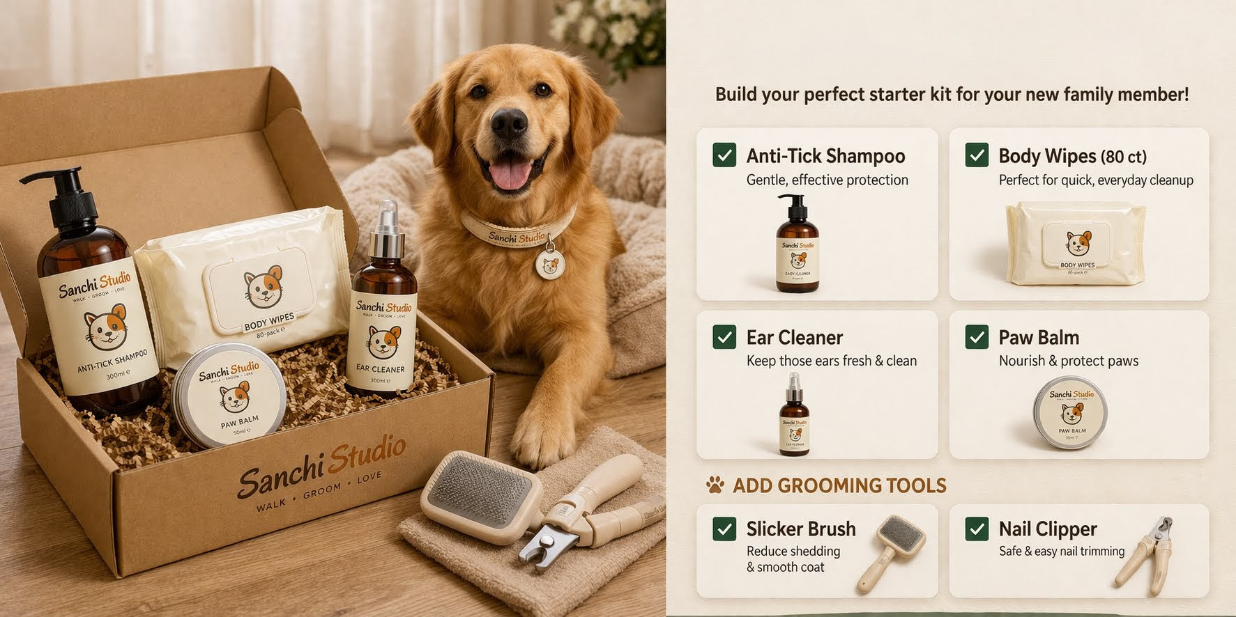 Customizable Kit flat-lay showing a variety of pet products to choose from