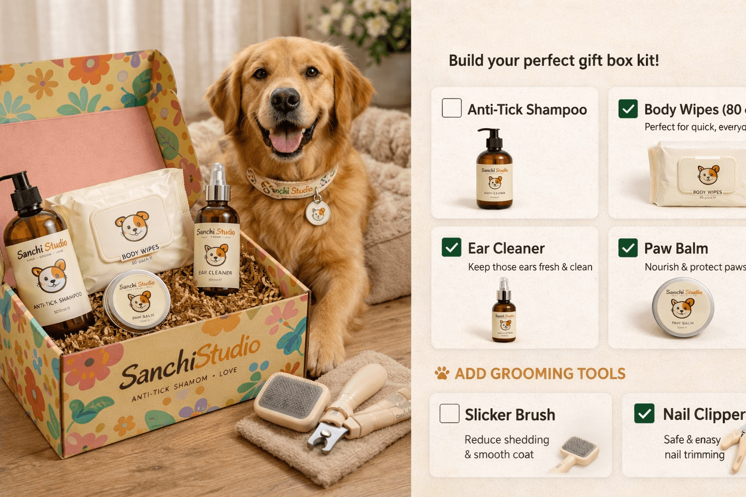 Gifting Kit flat-lay showing beautifully packaged pet products