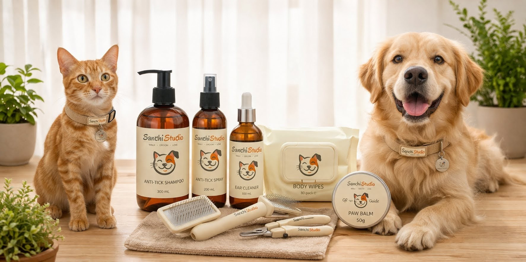 Complete Grooming Box flat-lay with shampoo, spray, paw balm, ear cleaner, wipes, brush, nail clipper, and QR guide