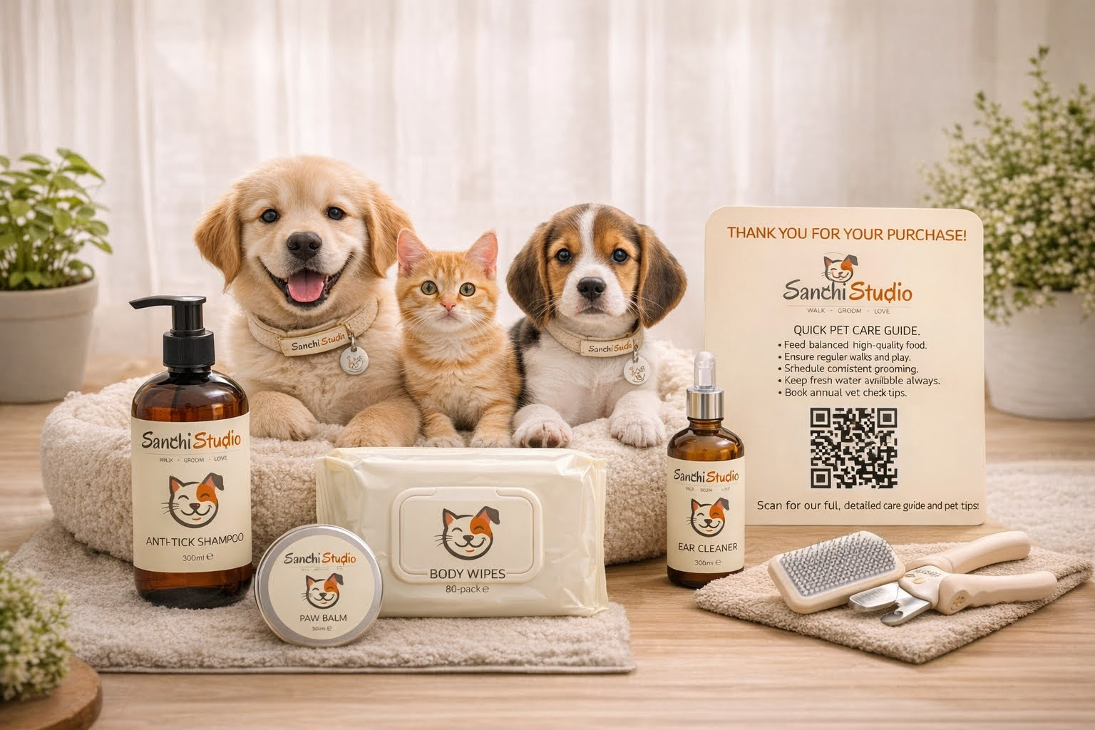 New Parent Kit flat-lay with anti-tick shampoo, paw balm, body wipes, ear cleaner, slicker brush, and QR care guide