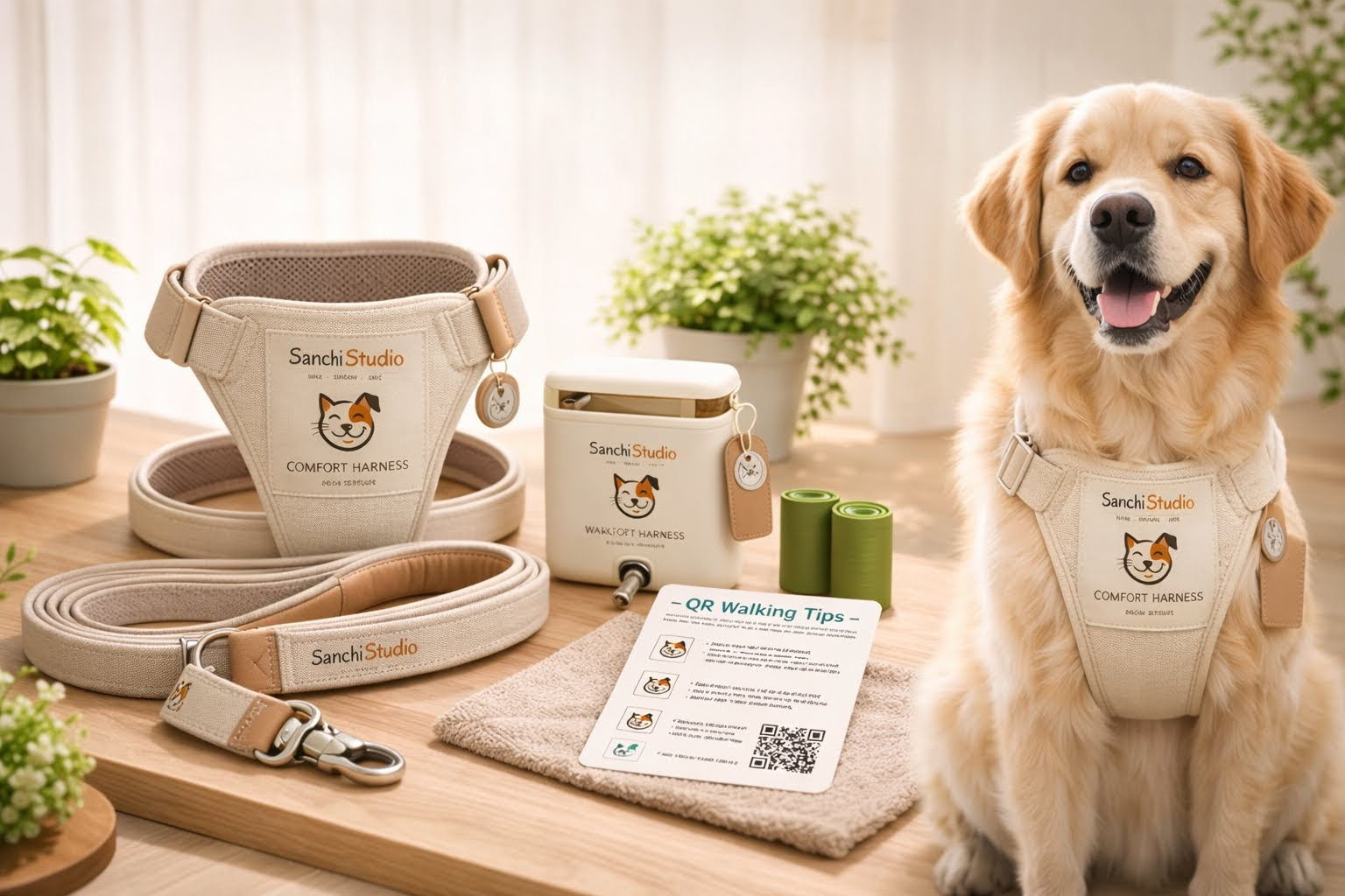Walk Essentials Kit flat-lay with no-pull harness, padded leash, poop bag dispenser, and QR walking tips card